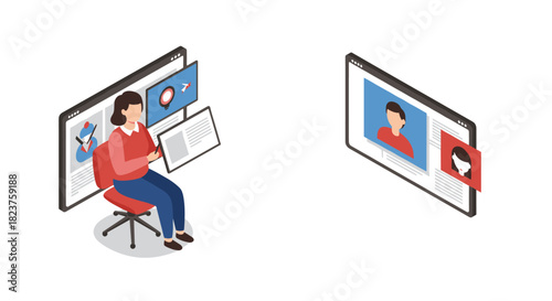 Isometric remote work and online communication concept with person at desk and video call screen