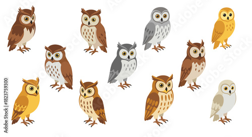 Whimsical owl collection in cartoon style featuring diverse species and colors