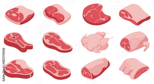 Different cuts of meat collection in isometric style
