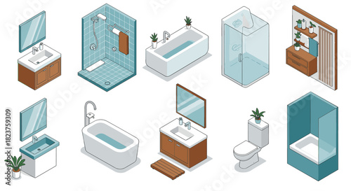 Isometric bathroom essentials collection with modern fixtures and plants