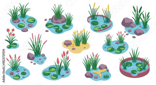 Isometric ponds and water features with lily pads and reeds