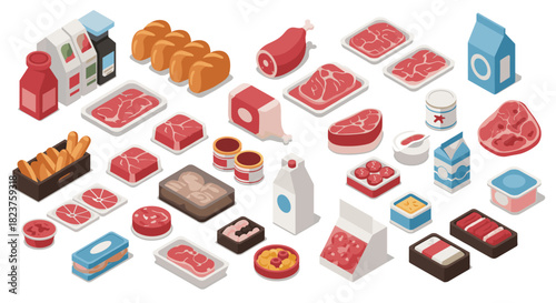 Isometric grocery items display with meat and dairy products