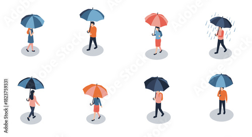 Isometric people walking with umbrellas set against rain