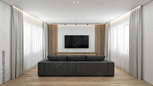 Modern living room with sleek sofa and wall mounted television
