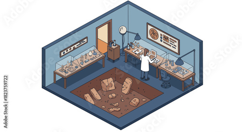 Archaeologist in isometric laboratory unearthing ancient artifacts