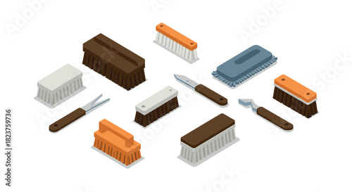 Isometric set of cleaning brushes and tools for home maintenance