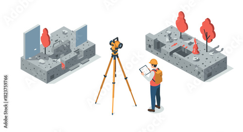 Surveyor using theodolite for construction site mapping in isometric style