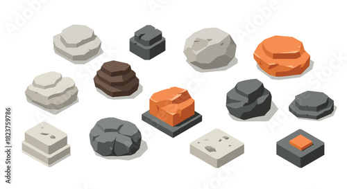 Geometric rock collection in isometric style with earth tones
