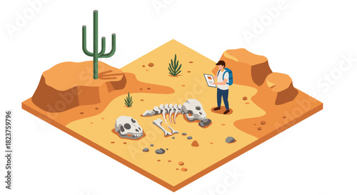 Archaeologist discovering dinosaur fossil in isometric desert scene