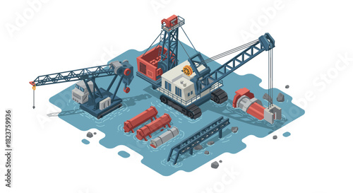 Isometric industrial harbor with cranes and shipping equipment on water