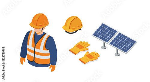 Isometric illustration of safety gear and solar panels for construction and renewable energy