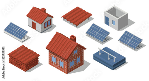 Isometric set of sustainable homes with solar panels and roofing styles