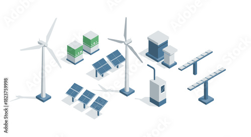 Isometric renewable energy systems: wind turbines, solar panels, and modern power infrastructure