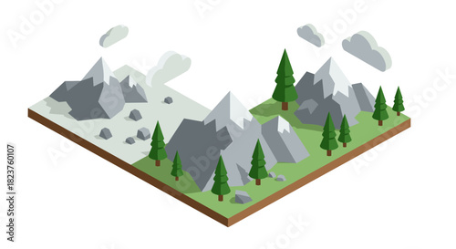 Isometric landscape featuring snowy mountains and pine trees with overcast sky