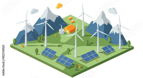 Renewable energy landscape with wind turbines and solar panels in isometric design
