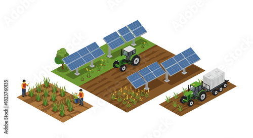 Isometric farming scene with solar panels and tractors in agricultural fields