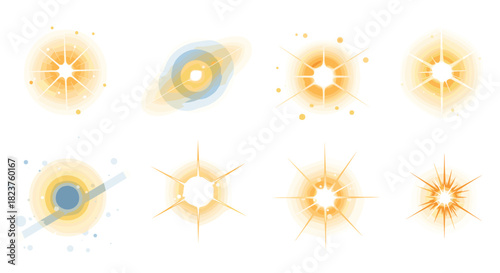 Set of glowing starburst effects with soft gradient colors and radiant highlights