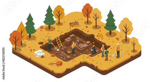 Archeological excavation in autumn forest scene with isometric design elements