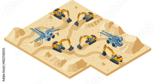 Isometric construction site with excavators and heavy machinery on desert terrain