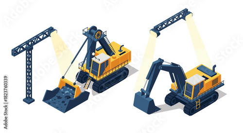 Isometric construction equipment set with cranes and excavators under spotlights