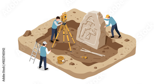 Archaeologists conducting excavation of ancient relic in isometric dig site