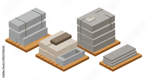 Isometric building materials: concrete pallets and blocks collection