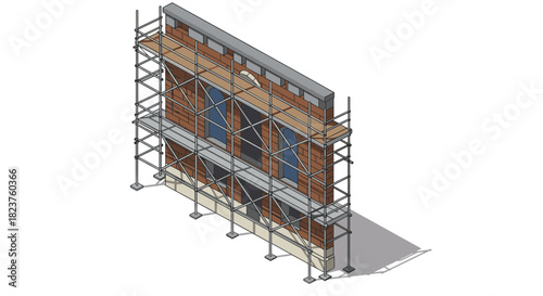 Isometric scaffolding structure with brick wall and arched windows