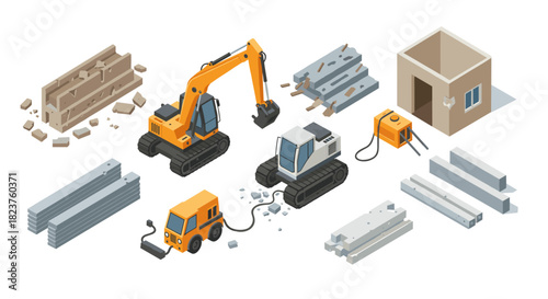 Isometric construction equipment and materials set for urban development projects