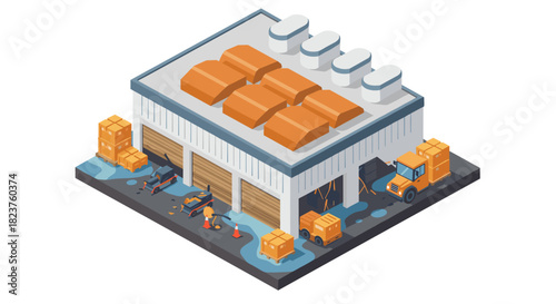 Modern warehouse scene with isometric industrial architecture and logistics elements