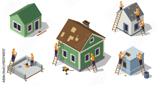 Home renovation process with workers fixing roof and walls in isometric style