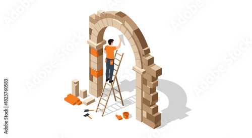 Isometric masonry arch construction with craftsman on ladder