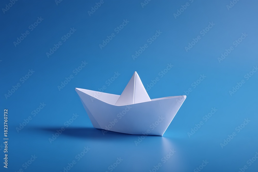 Obraz premium Single white paper boat on a bright blue background