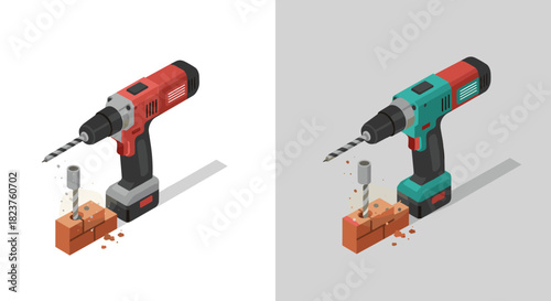 Isometric cordless drill in dual color variations with brick and shadow detail