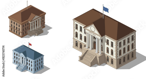 Isometric government buildings with flags and columns on white background