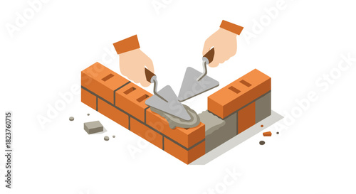 Isometric bricklaying illustration with trowel and hands constructing a brick wall