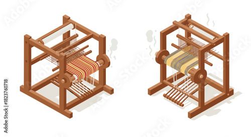 Traditional isometric wooden looms with colorful fabric patterns and steaming effects on white background