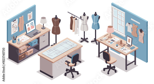 Modern isometric fashion design studio with sewing equipment and mannequins