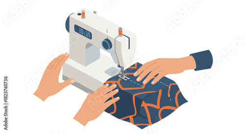Isometric sewing machine with hands designing patterned fabric in detail