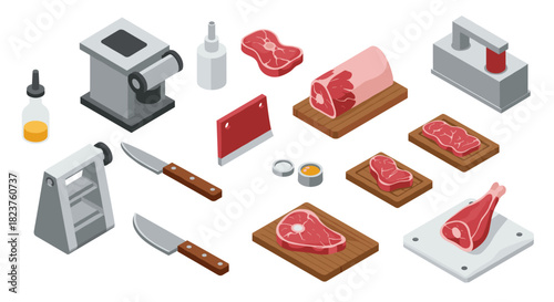 Isometric butcher shop elements with meat cuts, knives, and tools