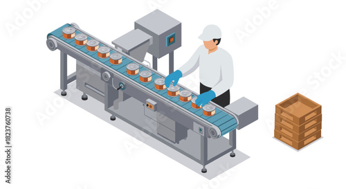 Isometric factory worker on assembly line with conveyor belt