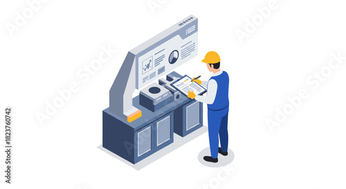 Engineer reviewing data with futuristic machine in isometric style