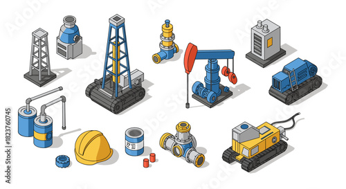 Isometric oil industry equipment set featuring drills, pumps, and pipes