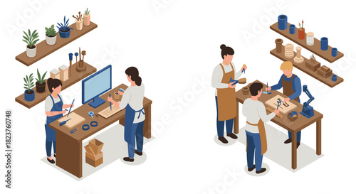 Creative workshop with people crafting and designing in an isometric workspace