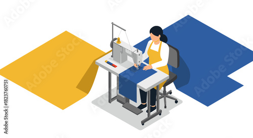 Seamstress working on sewing machine in modern isometric design