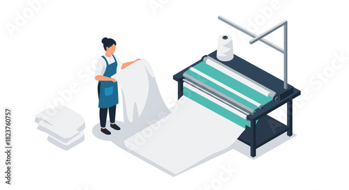 Woman operating industrial sewing machine in isometric style textile workshop scene