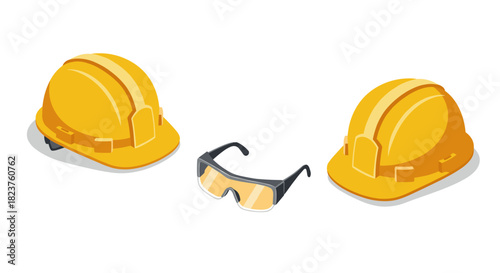 Isometric construction safety gear with hard hats and protective glasses