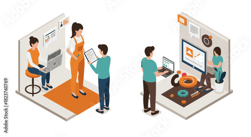 Collaborative workspace isometric design with team interaction and digital tools