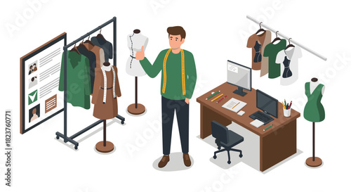 Fashion designer in office with sewing patterns and clothing racks in modern workspace