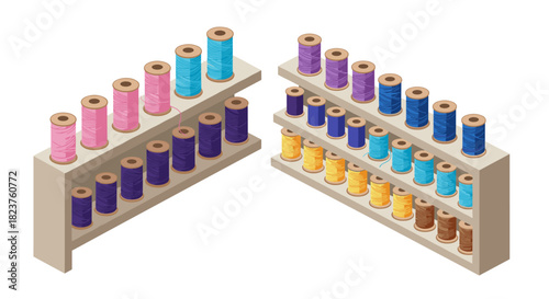 Colorful yarn spools on shelves in isometric style