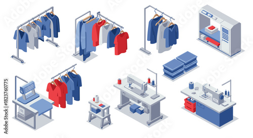 Isometric garment production facility with sewing machines and apparel racks